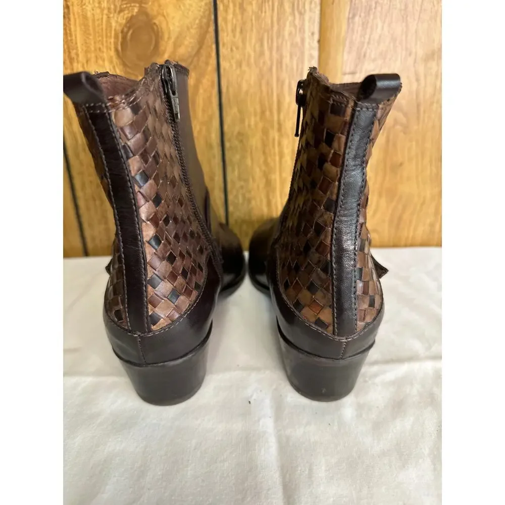Sesto Meucci Leather Woven Side Zip Ankle Boots Western Ranch Brown 6.5